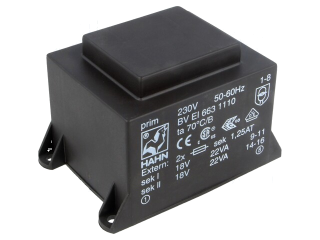 Transformator: ingegoten; 44VA; 230VAC; 18V; 18V; 1222mA; 1222mA Transformator: ingegoten; 44VA; 230VAC; 18V; 18V; 1222mA; 1222mA